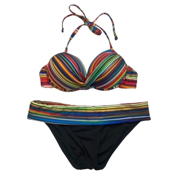 A.N.A - A NEW APPROACH Black & Multicolor Striped Push-Up Bikini Set -Size Small - Picture 1 of 8